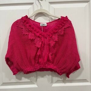 Place Nationale Le Chaleur‎ Grid Lace Sleeve Crop Top Pink Pom Pom Bohemian